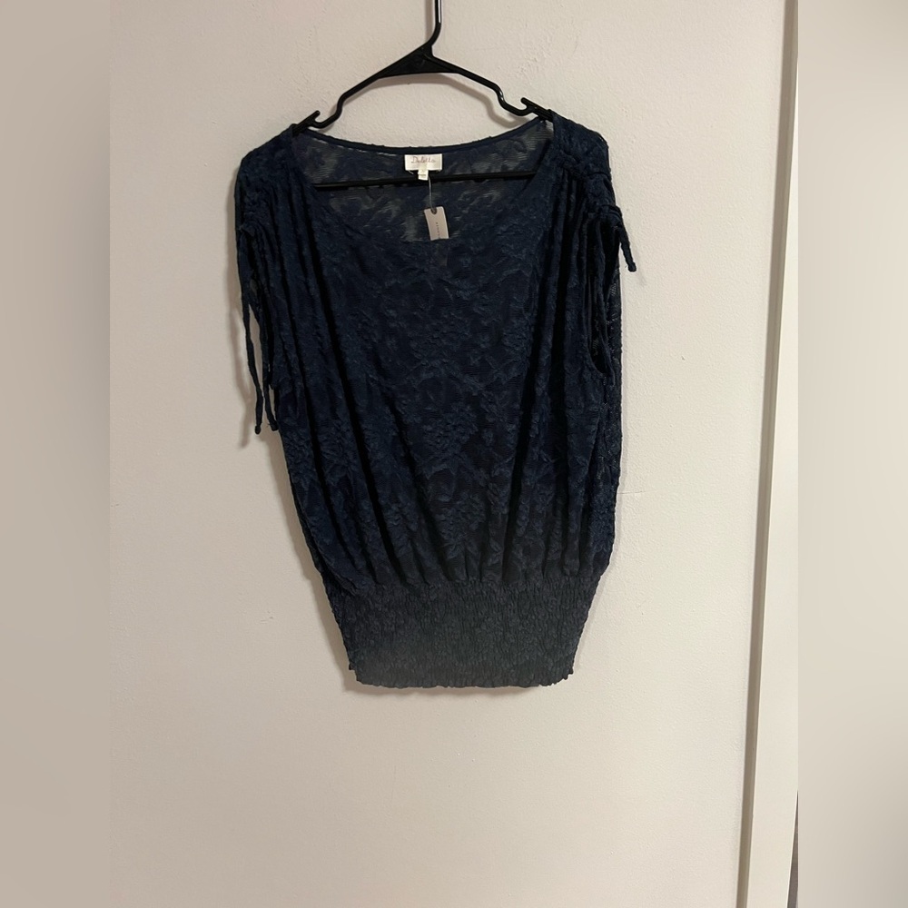NWT Anthropologie Deletta Navy Blue Loretta Knit Lace Mesh Sheer Banded Hem Top - Picture 3 of 10